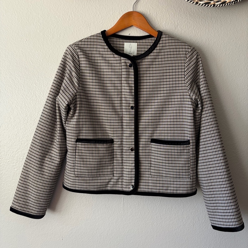Joie Mini Check Grid Boxy Cropped Lady Jacket Blazer Taupe Black Women’s Small